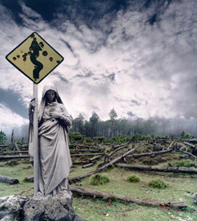 This image was taken in the highlands of Guatemala, it is composed by 4 different pictures, one the woods, the sky, the statue and the sign.